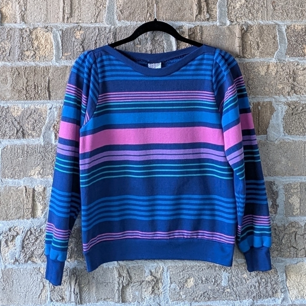 VTG 70s Maverick Wide Neck Striped Mom Shirt Blue Pink
